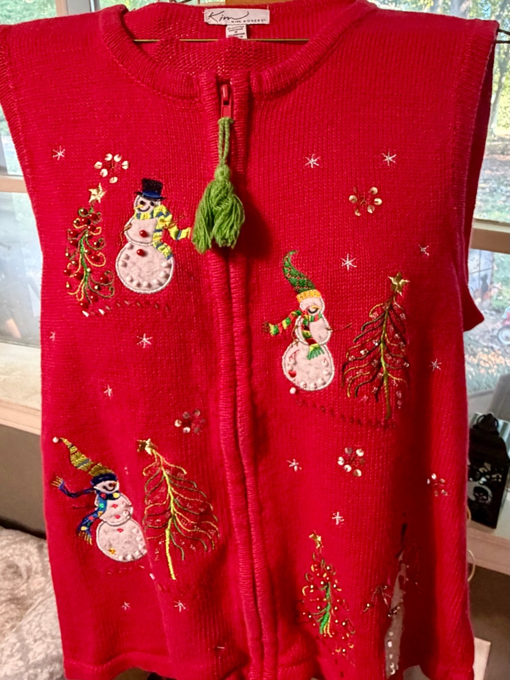 Vintage Kim Rogers Red Snowman Vest L Zip Tassel Christmas Trees 90s Tacky Kitsc
